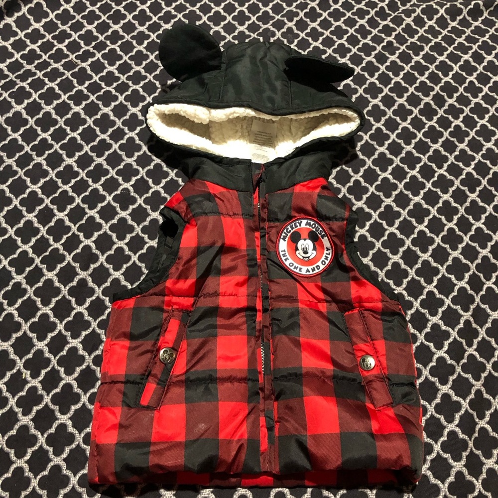 Disney Mickey Mouse Ears Toddler Red Black Puffer Hoodie Vest Ears 12 Months D6